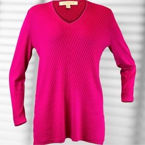 NWT Etcetera 2019 Collection Ribbed V-Neck Pullover Sweater in “Peony” Pink Sz S